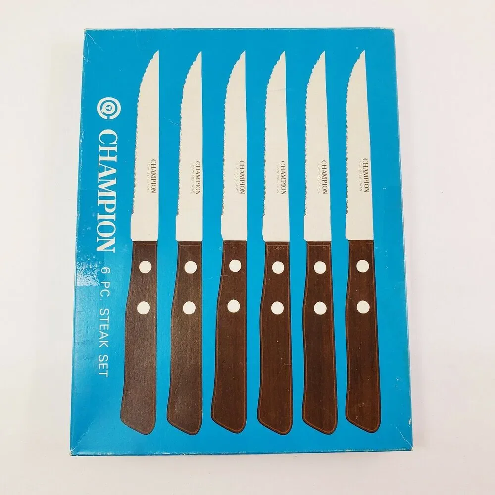 Vtg Champion 6 Pc Steak Knives Serrated Wood Riveted Handles Kitchen Utensils